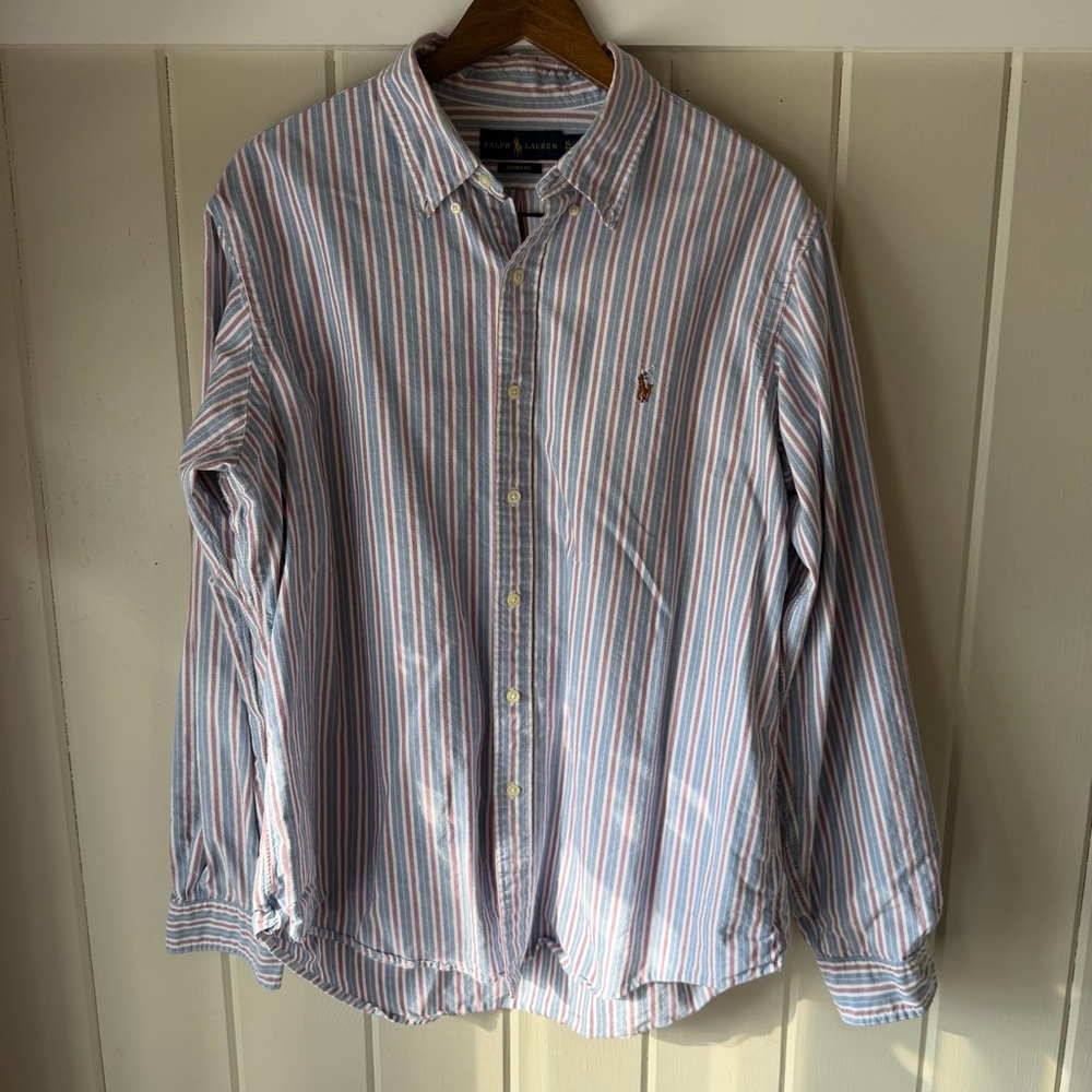 Men’s Ralph Lauren Classic Blue Red and White Striped Button Down Shirt, Size XL
